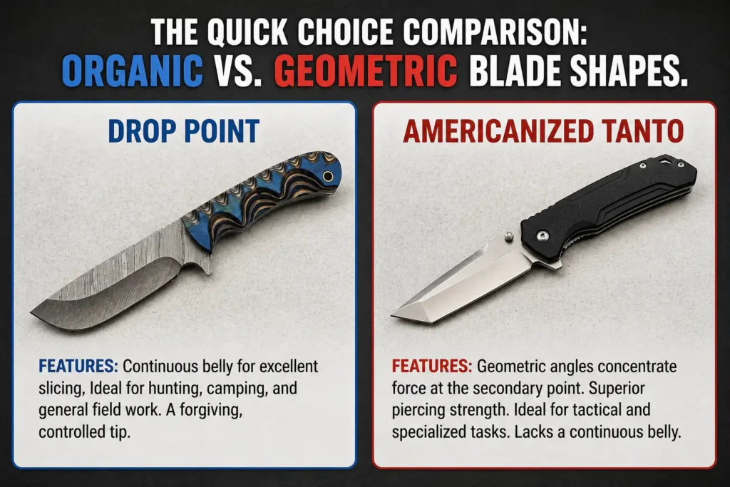 Side-by-side comparison of drop point vs Americanized tanto knife blade shapes showing key features and best uses