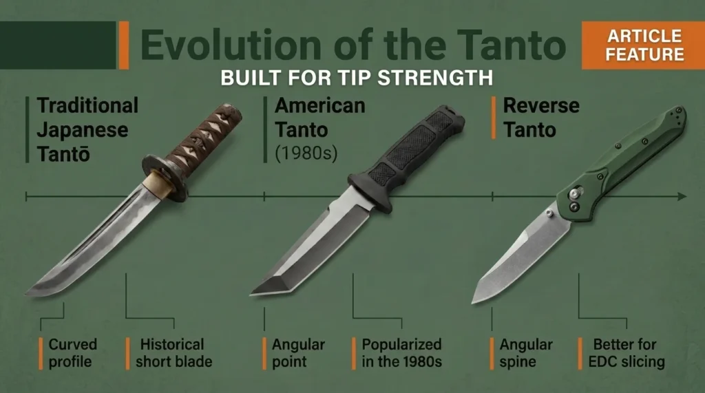 Evolution of the tanto knife showing traditional Japanese tanto, American tanto, and reverse tanto blade designs with their key differences
