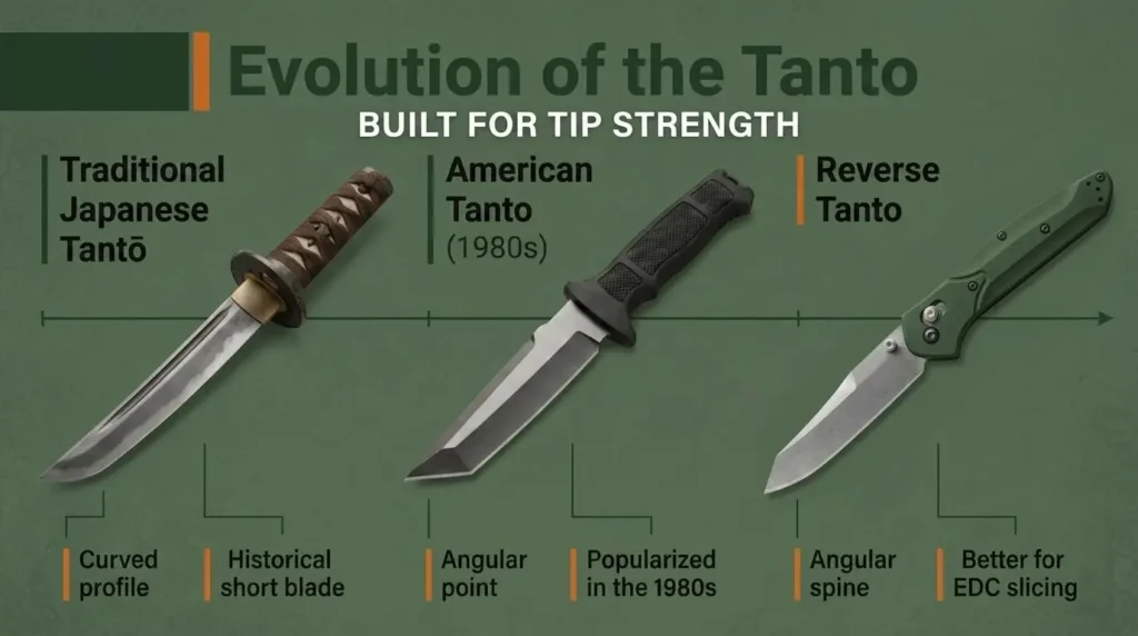 Evolution of the Tanto knife design comparing Traditional Japanese Tantō, American Tanto, and Reverse Tanto blades with features focused on tip strength, angular blade geometry, and everyday carry utility.