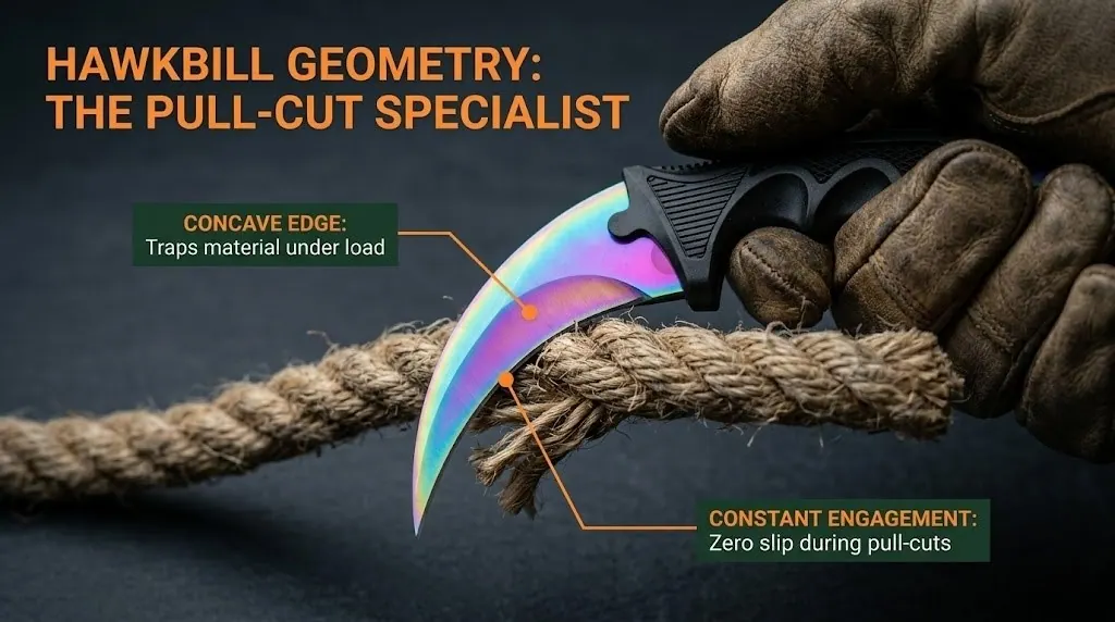Gloved hand using a rainbow titanium hawkbill knife to cut rope, highlighting concave edge and constant engagement blade geometry