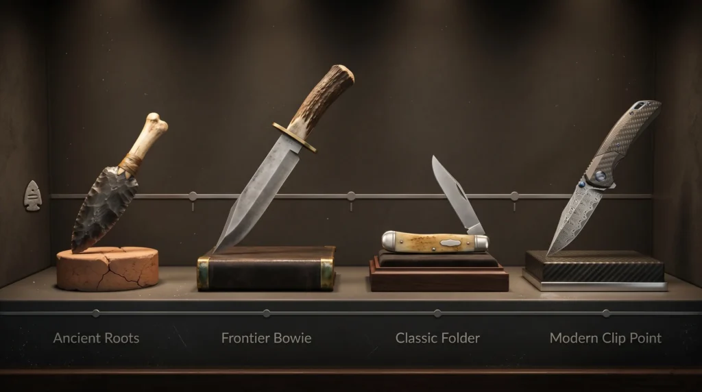Timeline display showing the evolution of the clip point knife from ancient stone blade to frontier bowie, classic folder, and modern damascus folder.
