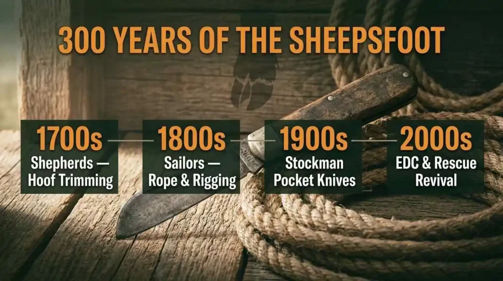 Historical timeline infographic showing the evolution of the sheepsfoot knife from 1700s shepherd tools to modern EDC and rescue pocket knives.