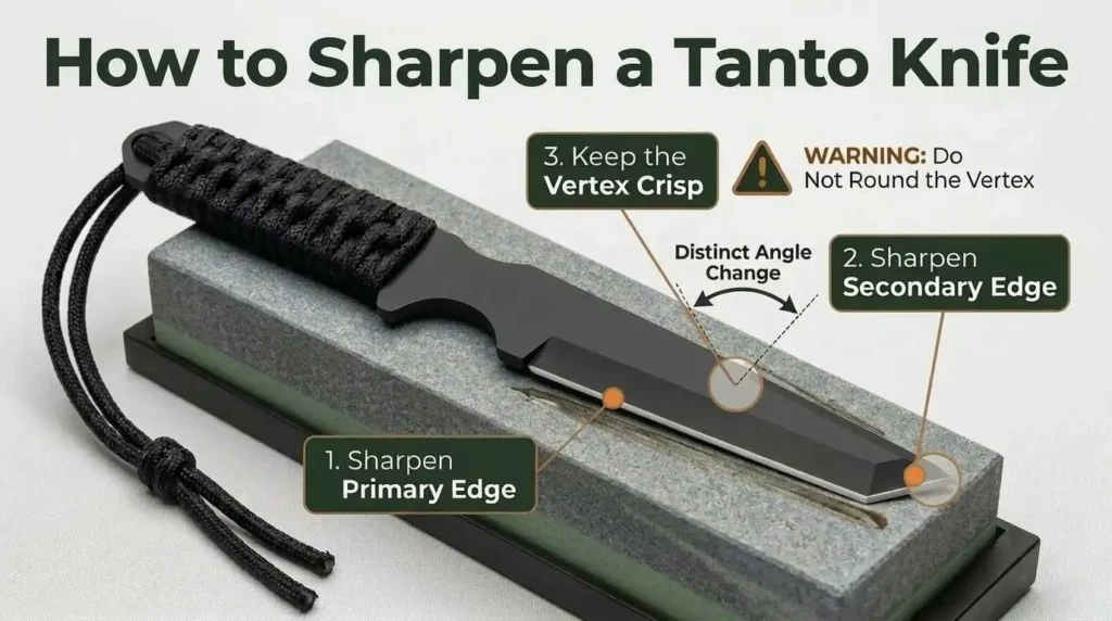 How to sharpen a Tanto knife infographic showing primary edge sharpening, secondary edge sharpening, and maintaining a crisp vertex angle on a tactical fixed blade using a whetstone.