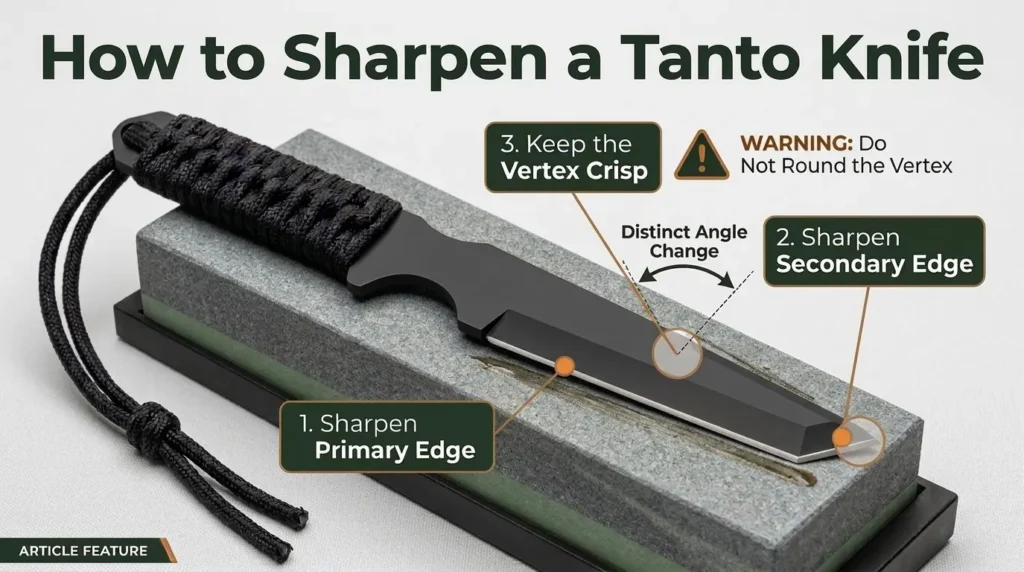 How to sharpen a tanto knife diagram showing the primary edge, secondary edge, crisp vertex, distinct angle change, and warning not to round the vertex