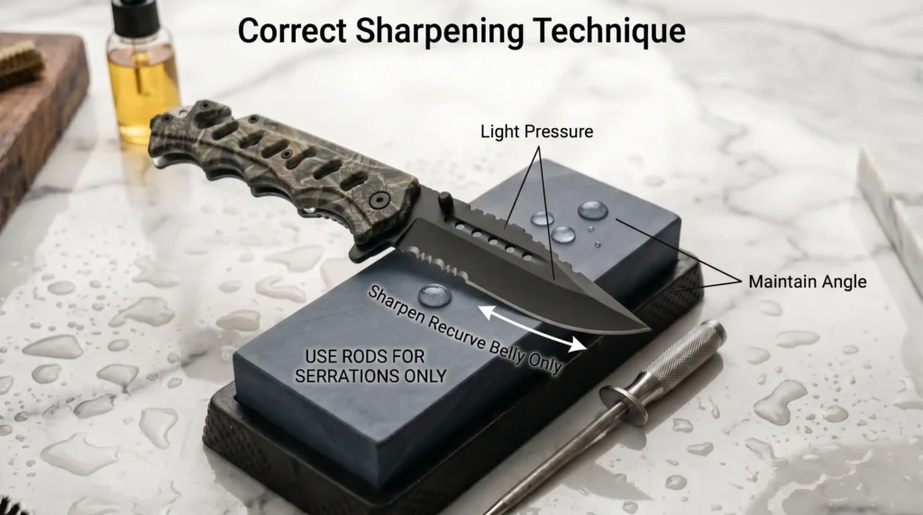 Drop point knife being sharpened on a wet whetstone with labels showing correct angle and light pressure.