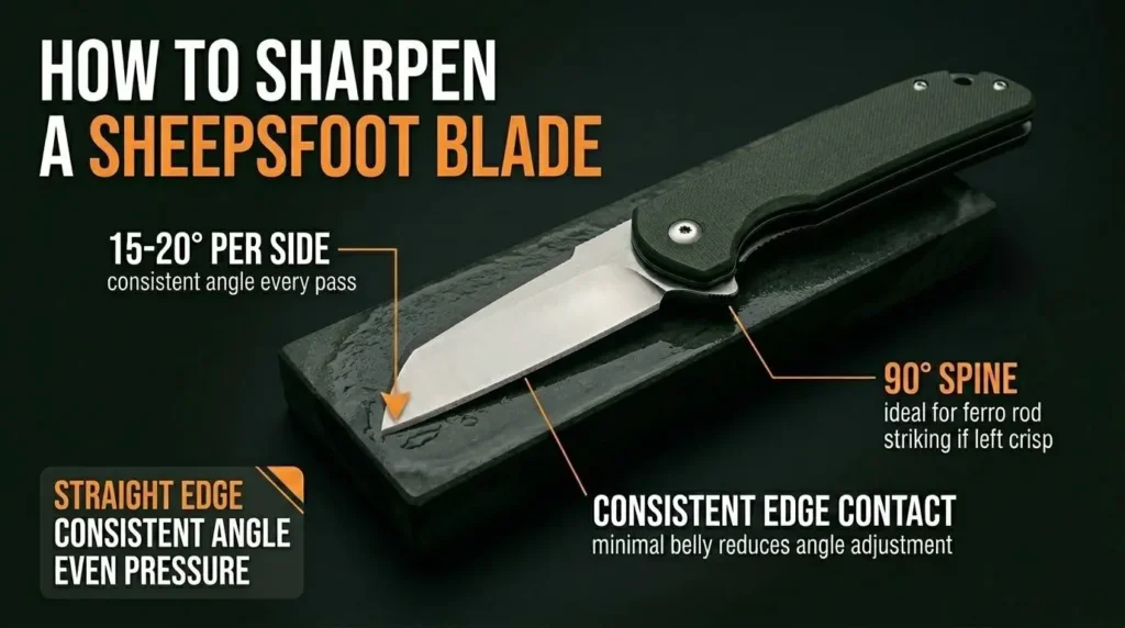 How to sharpen a sheepsfoot blade folding knife infographic showing 15–20 degree sharpening angle per side, straight edge sharpening technique, consistent edge contact, and 90-degree spine guide on a sharpening stone.