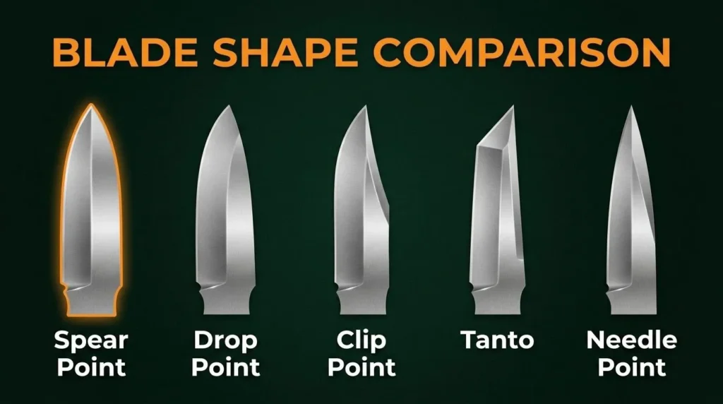 Knife blade shape comparison infographic showing spear point, drop point, clip point, tanto, and needle point blade profiles for understanding blade geometry, design differences, and practical knife uses.