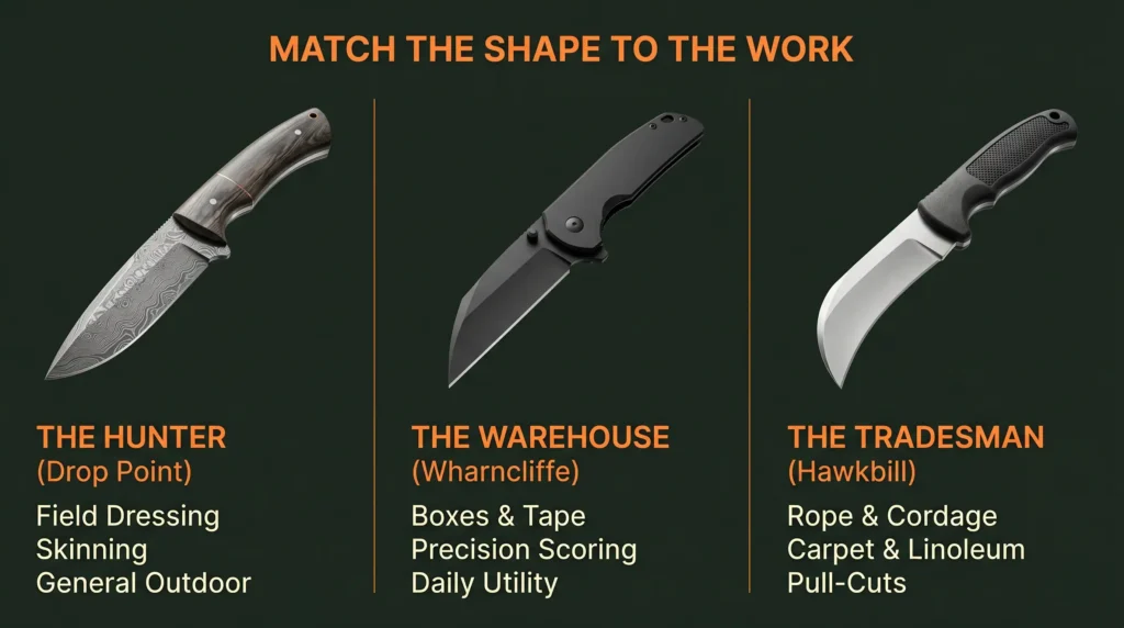 Three knife blade shapes matched to their best use — drop point for hunting, Wharncliffe for warehouse work, and hawkbill for tradesman pull-cuts
