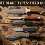 Five different knife blade shapes displayed on a wooden surface — including clip point, tanto, drop point, and kukri styles