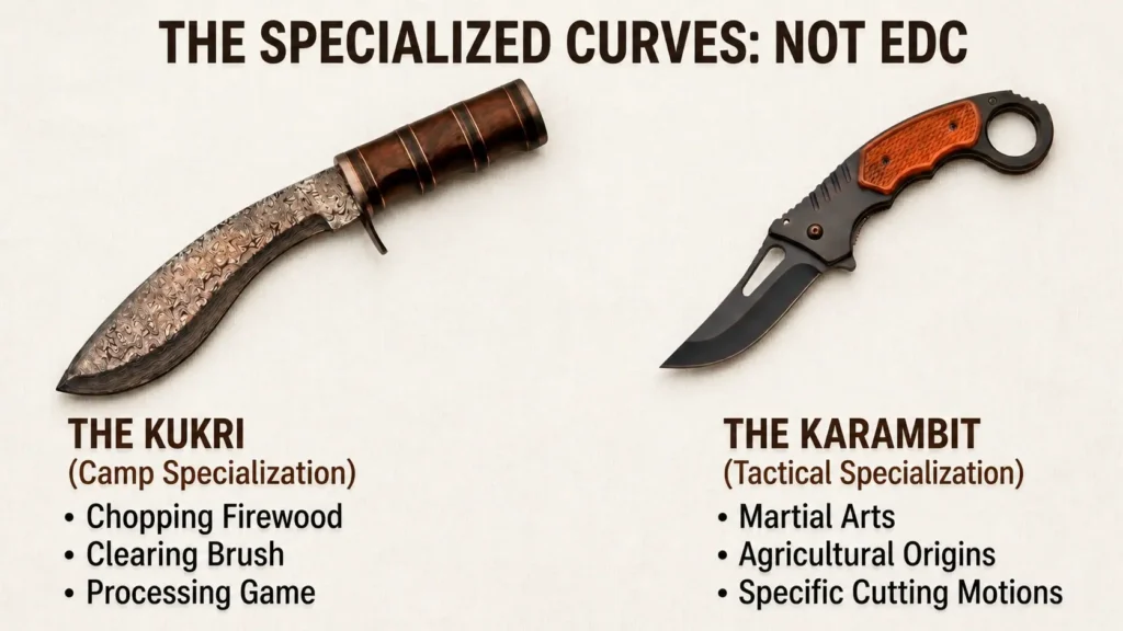 Side-by-side comparison of kukri and karambit curved knife blade shapes showing camp vs tactical specialization and best uses