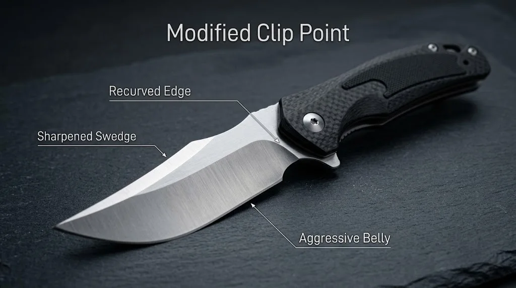 Modified clip point folding knife with labels for sharpened swedge, recurved edge, and aggressive belly.