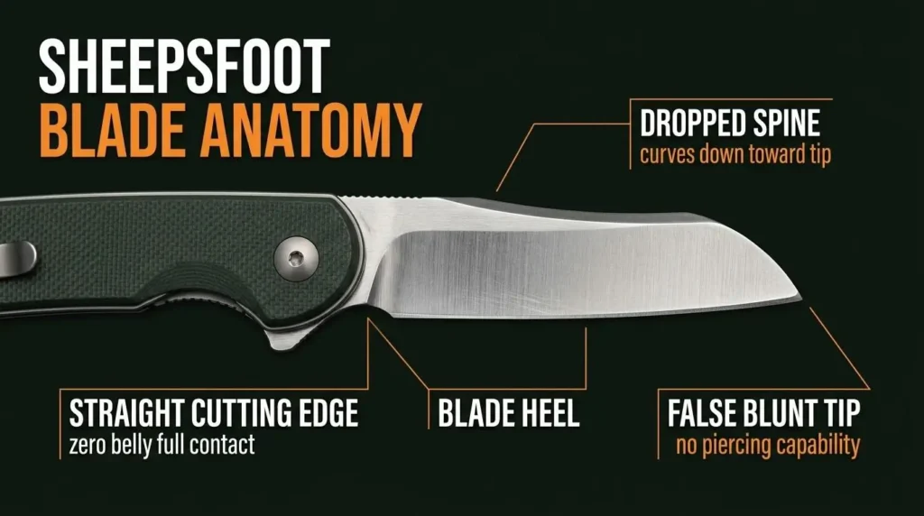 Detailed sheepsfoot blade anatomy infographic showing dropped spine, straight cutting edge, blade heel, and false blunt tip on a folding knife.