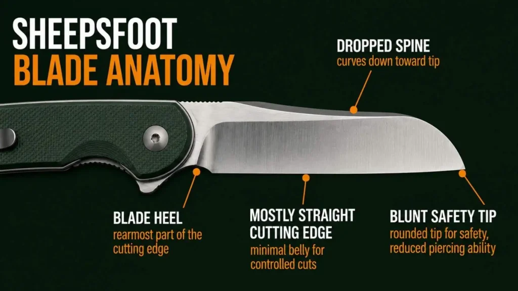 Sheepsfoot blade anatomy infographic showing dropped spine, blade heel, mostly straight cutting edge, and blunt safety tip on a folding sheepsfoot knife, explaining blade geometry for controlled cutting and safe utility use.