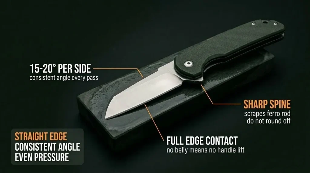 Sharpening guide infographic for a sheepsfoot knife showing straight edge sharpening angle, full edge contact, even pressure, and sharp spine maintenance.
