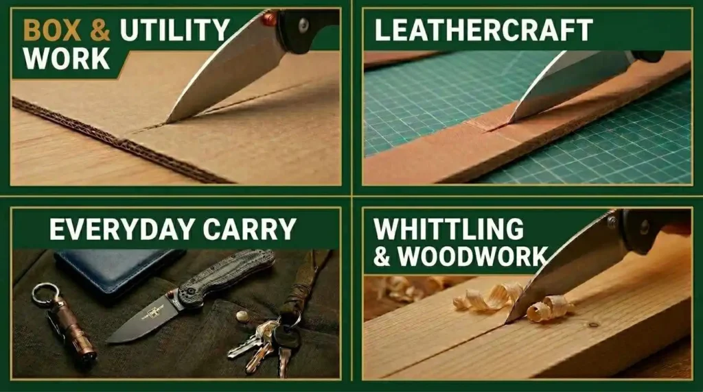 Sheepsfoot knife use cases infographic showing box and utility work, leathercraft cutting, everyday carry EDC setup, and whittling woodworking tasks with a folding sheepsfoot blade.