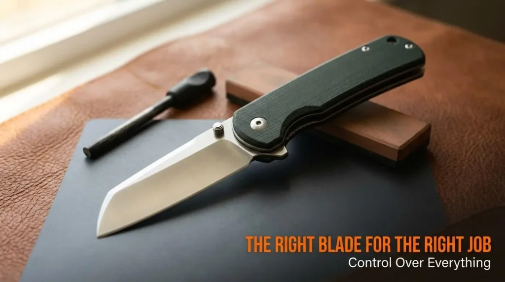 Modern sheepsfoot folding knife displayed on a leather desk setup with straight edge blade design focused on precision cutting and control-oriented utility use.