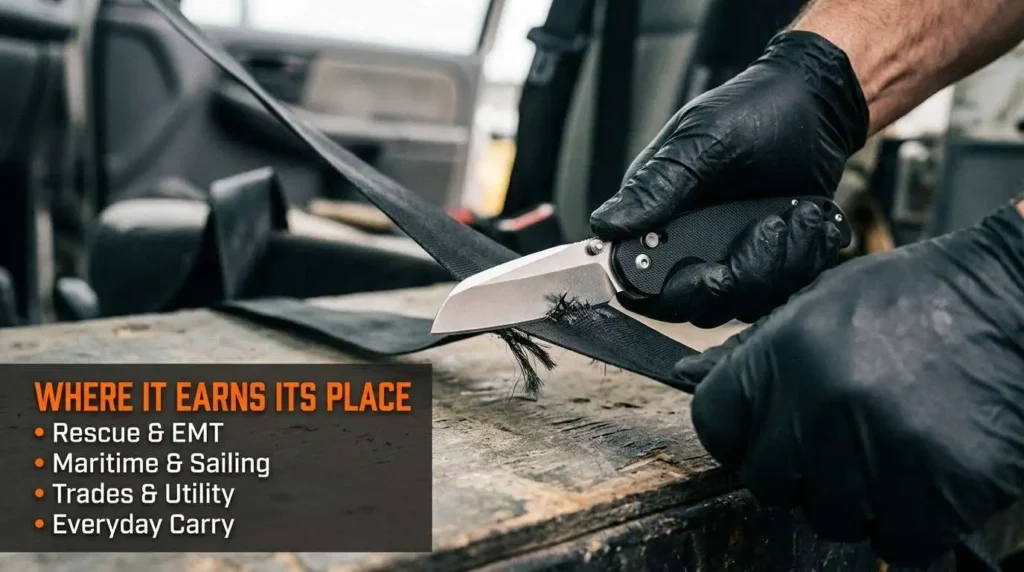 Sheepsfoot folding knife cutting a seatbelt strap in a rescue scenario, highlighting EMT, maritime, utility, and everyday carry applications.