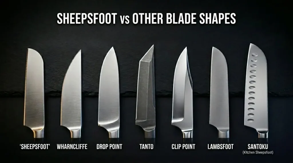 Ultra-realistic comparison infographic showing Sheepsfoot, Wharncliffe, Drop Point, Tanto, Clip Point, Lambsfoot, and Santoku knife blade shapes side by side on a dark background.