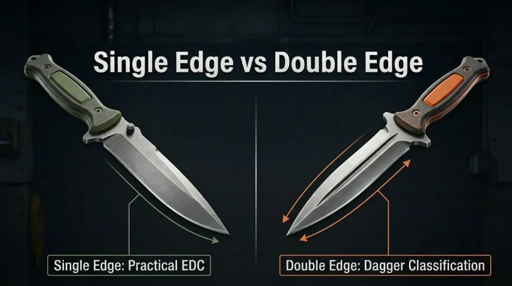 Educational comparison graphic showing single edge vs double edge spear point knives, highlighting practical EDC single-edge blade design versus double-edge dagger classification with labeled blade anatomy differences.