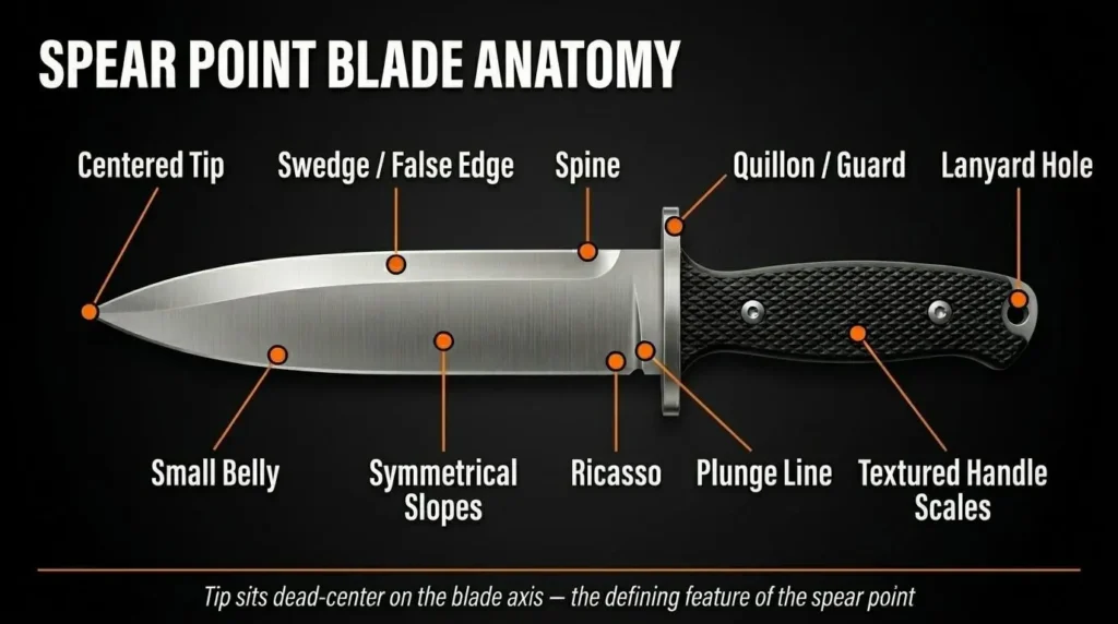 Spear point blade anatomy infographic showing centered tip, swedge false edge, spine, quillon guard, ricasso, plunge line, textured handle scales, lanyard hole, and symmetrical blade geometry on a tactical fixed blade knife.