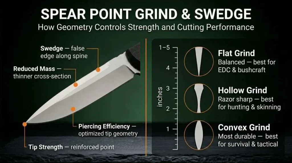 Educational spear point knife grind and swedge infographic explaining flat grind, hollow grind, convex grind, false edge swedge design, tip strength, piercing efficiency, and blade geometry performance.