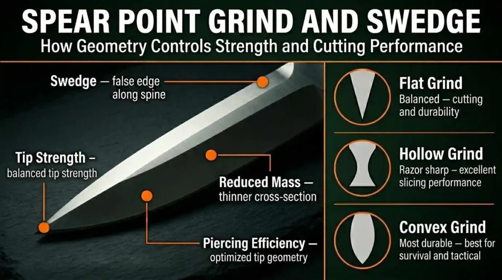 Spear point grind and swedge infographic showing false edge swedge, tip strength, piercing efficiency, reduced mass, and comparison of flat grind, hollow grind, and convex grind blade geometry for knife performance.
