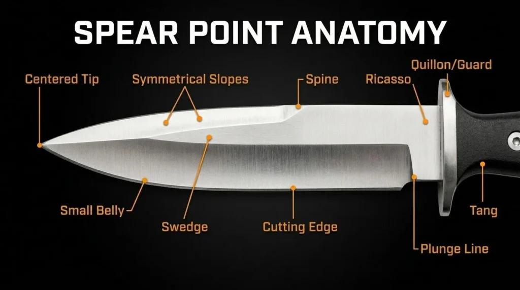 Detailed spear point knife anatomy diagram showing centered tip, symmetrical slopes, spine, swedge, cutting edge, ricasso, tang, quillon guard, plunge line, and blade geometry labels for knife education.
