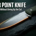 Spear point knife with razor sharp stainless steel blade and ergonomic green handle on dark textured background, showcasing spear point knife design for piercing, cutting, EDC, tactical, and outdoor use.
