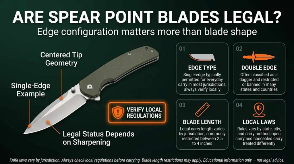 Educational infographic explaining spear point knife legality, showing single-edge spear point blade example, edge type regulations, blade length restrictions, and local knife laws for legal everyday carry guidance.