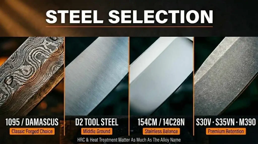 Spear point knife steel selection infographic comparing 1095 and Damascus steel, D2 tool steel, 154CM, 14C28N, S30V, S35VN, and M390 for edge retention, corrosion resistance, toughness, and knife performance.