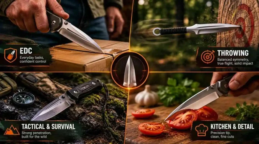 Educational spear point knife use cases infographic showing EDC tasks, knife throwing, tactical survival applications, and precision kitchen cutting to highlight spear point blade versatility and practical performance.