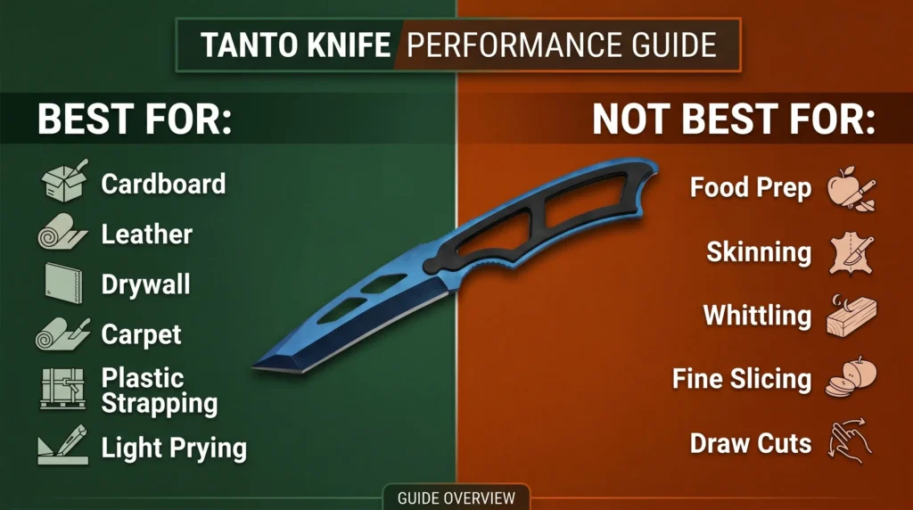 Tanto knife performance guide showing best uses for cardboard, leather, drywall, carpet, plastic strapping, and light prying, plus weak uses like food prep, skinning, whittling, fine slicing, and draw cuts