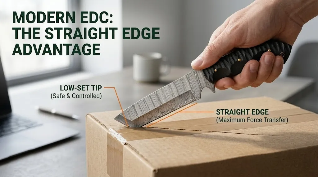 Hand using a Damascus tanto EDC knife to cut a cardboard box, highlighting low-set tip and straight edge blade shape features