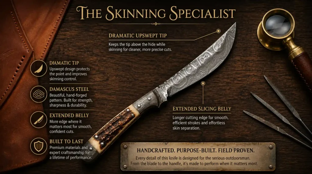 Damascus steel trailing point skinning knife with stag handle showing upswept tip and extended belly blade shape features