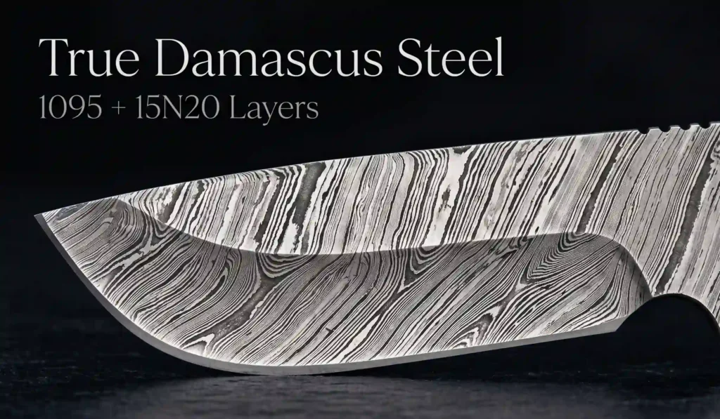 Close-up of a true damascus drop point blade showing 1095 and 15N20 pattern-welded layers.