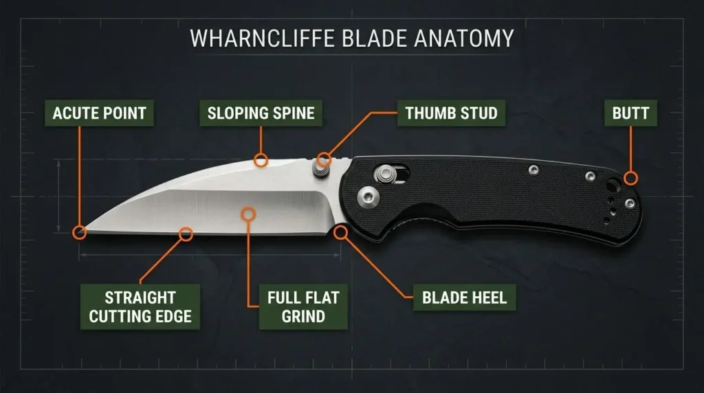 Detailed Wharncliffe blade anatomy infographic labeling acute point, sloping spine, straight cutting edge, thumb stud, blade heel, and full flat grind on an EDC folding knife.