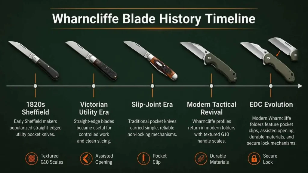 Wharncliffe blade history timeline infographic showing the evolution of straight-edge pocket knives from 1820s Sheffield designs to modern EDC tactical folders.