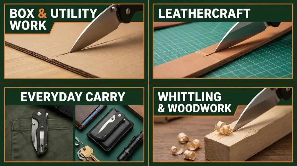 Wharncliffe knife use case infographic showing box cutting, leathercraft, everyday carry EDC, and woodworking applications with straight-edge precision blade.
