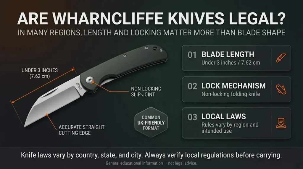 Educational infographic explaining Wharncliffe knife legality, including blade length limits, non-locking slip-joint mechanisms, and local knife carry laws.