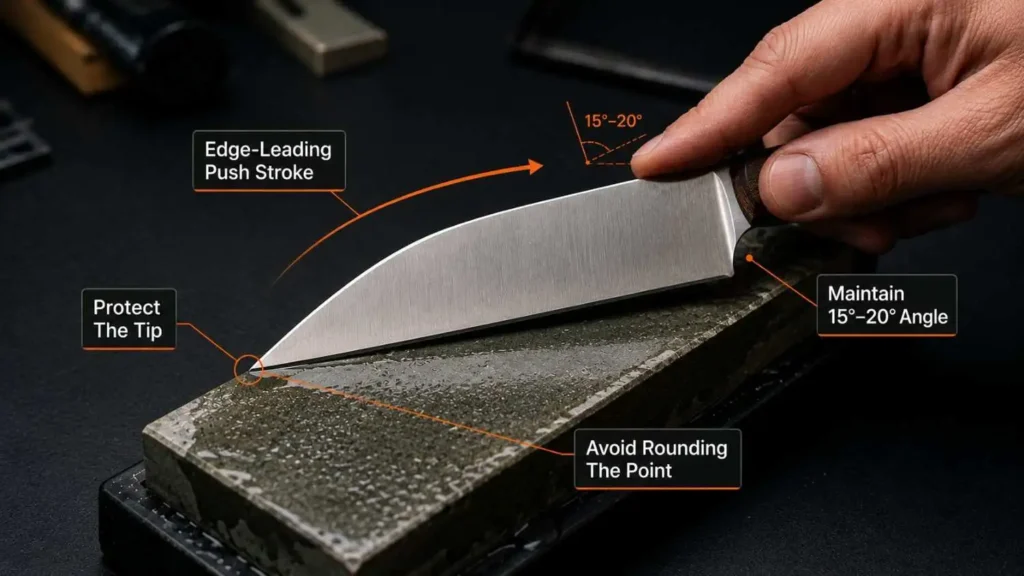 Wharncliffe knife sharpening tutorial showing correct 15 to 20 degree sharpening angle on whetstone with edge-leading push stroke technique.