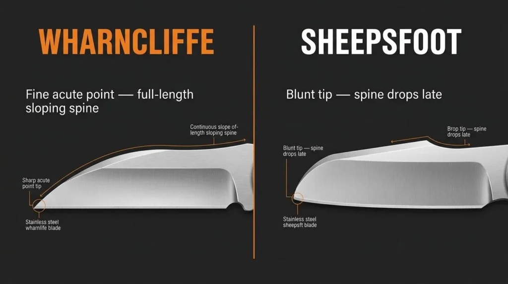 Side-by-side comparison infographic of Wharncliffe and Sheepsfoot knife blade profiles showing spine shape, edge geometry, and tip differences for EDC knives.