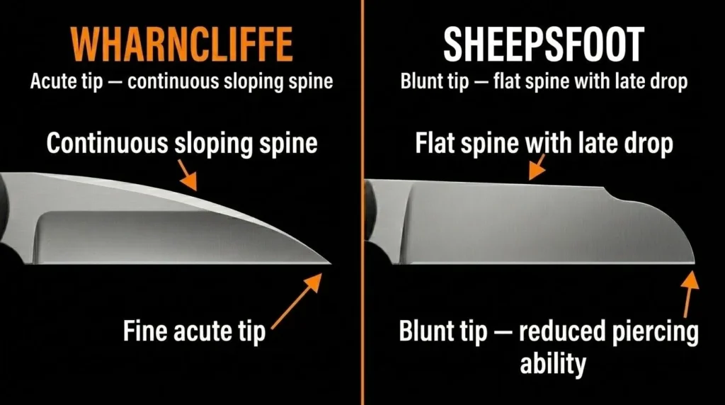 Wharncliffe vs sheepsfoot blade comparison infographic showing blade profile differences, continuous sloping spine on Wharncliffe knife, flat spine with late drop on sheepsfoot knife, and tip geometry comparison for cutting performance.
