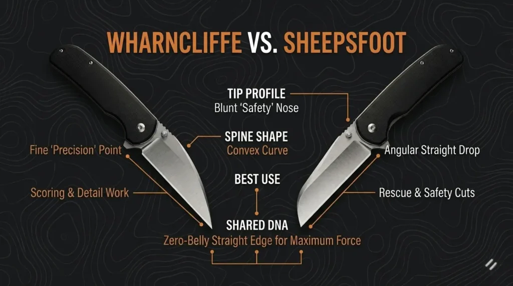 Side-by-side comparison of Wharncliffe vs Sheepsfoot knife blade shapes showing tip profile, spine shape, and best use cases