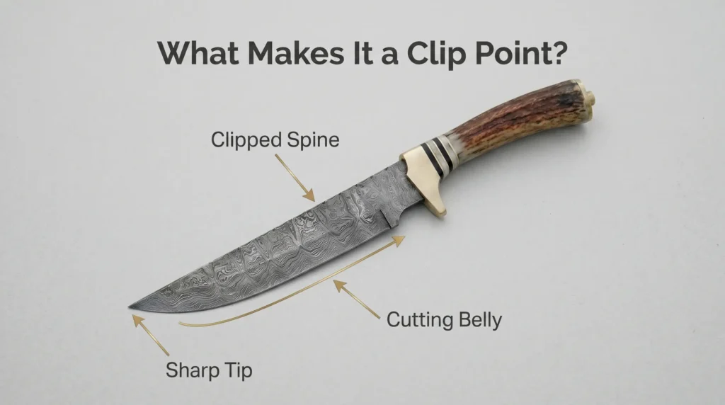 Labeled diagram of a clip point knife showing the clipped spine, sharp tip, and cutting belly.