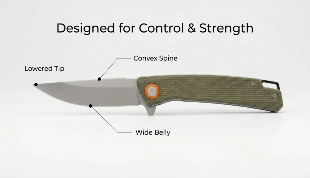 Labeled diagram of a drop point knife showing the convex spine, lowered tip, and wide cutting belly.
