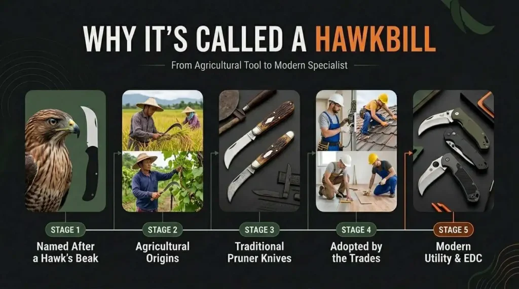 Infographic explaining why a hawkbill knife is called a hawkbill, showing its evolution from a hawk's beak-inspired design and agricultural pruning tool to a modern utility and everyday carry (EDC) knife used in various trades.