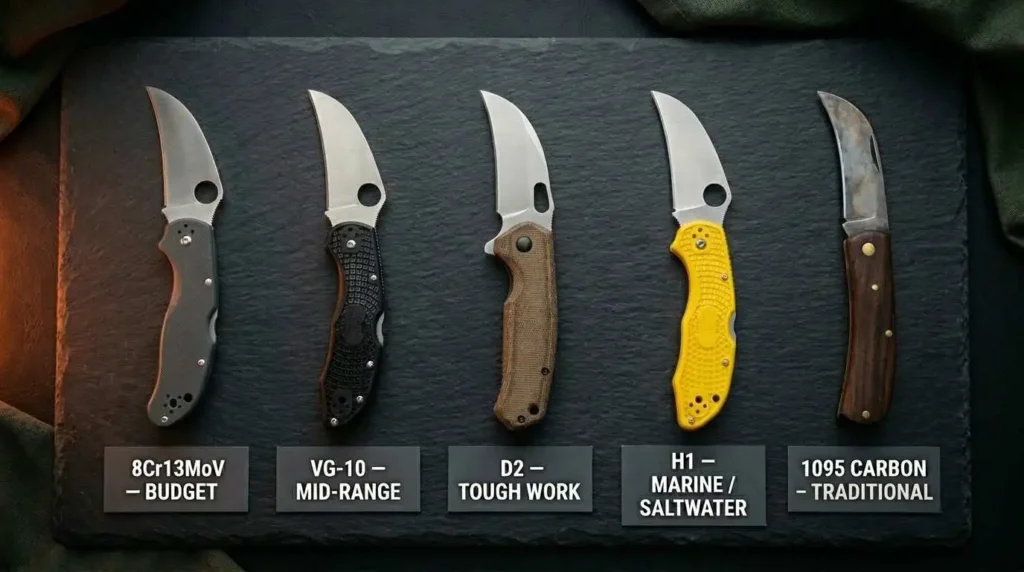 Comparison of popular knife steels including 8Cr13MoV, VG-10, D2, H1, and 1095 carbon steel, highlighting budget, mid-range, tough work, saltwater, and traditional knife applications.