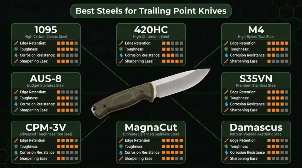 Best steels for trailing point knives comparison chart featuring 1095, 420HC, AUS-8, CPM-3V, MagnaCut, M4, S35VN, and Damascus steel with edge retention, toughness, corrosion resistance, and sharpening ratings.