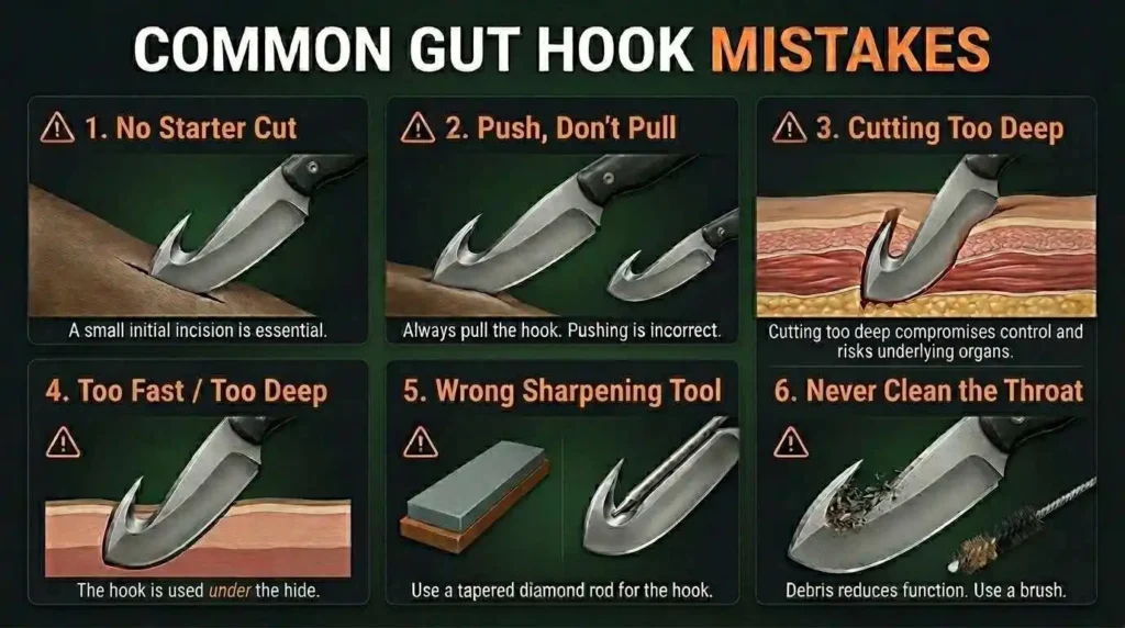 Educational infographic showing six common gut hook knife mistakes, including no starter cut, pushing instead of pulling, cutting too deep, moving too fast, using the wrong sharpening tool, and improper cleaning.