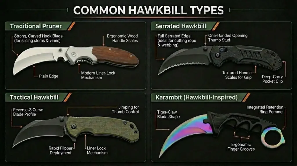 Infographic showcasing common hawkbill knife types, including traditional pruner, serrated hawkbill, tactical hawkbill, and karambit designs, with labeled features such as curved blades, locking mechanisms, ergonomic handles, pocket clips, and retention rings.